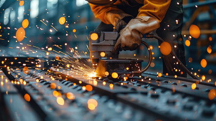 A close up of man working on a metal piece, a electric motor is connected to the piece and the man is welding something. Generative AI. - Powered by Adobe