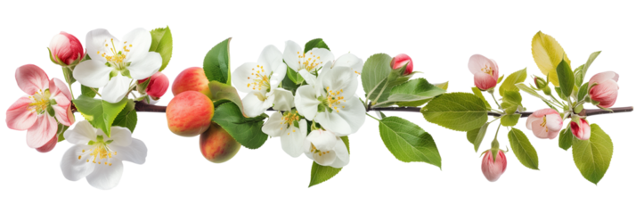 ser of clusters of orchard blossoms, including apple, cherry, and pear, paired with their respective leaves, isolated on transparent background