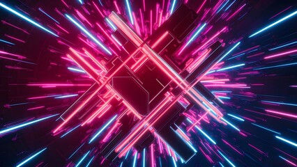 Digital abstract artwork, bursting with neon hues of pink, blue, and purple. The vibrant geometric shapes, including lines and rectangles, intertwine and intersect dynamically