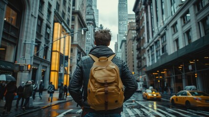 A handsome man wearing a business backpack and walking to work in the streets of New York....