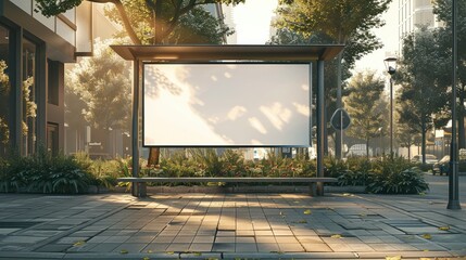 A blank white poster mockup on an outdoor bus stop, with a simple urban background, providing a clean and minimalistic design for advertising or promotional materials. Generative AI.