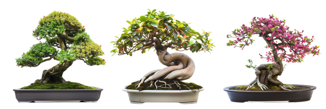 set of arrangements of bonsai trees, each paired with blooming underplants, isolated on transparent background