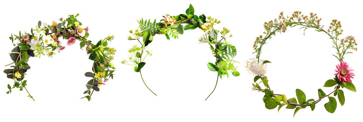 set of floral crowns, each crafted from wildflowers and lush foliage, isolated on transparent background