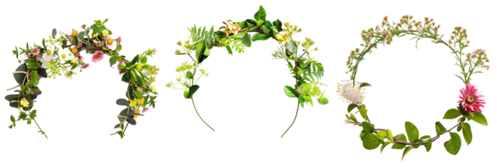 set of floral crowns, each crafted from wildflowers and lush foliage, isolated on transparent background