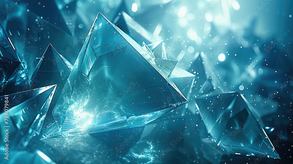 Poster enigmatic turquoise blue triangles merging with abstract light patterns, perfect for sleek hi-tech p