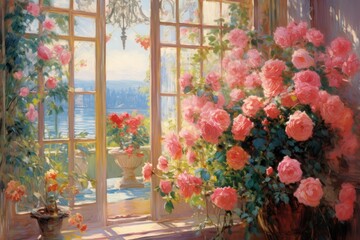 Fototapeta na wymiar Rose painting flower window