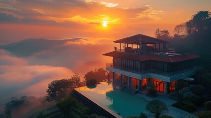 A building of 2 floor with swimming pool in between two valleys, golden hour with vibrant background and little fog and thunder striking from sky. Generative AI.