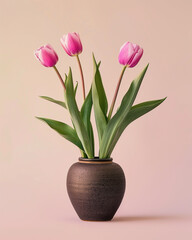 Minimalist ikebana with three vibrant magenta tulips.