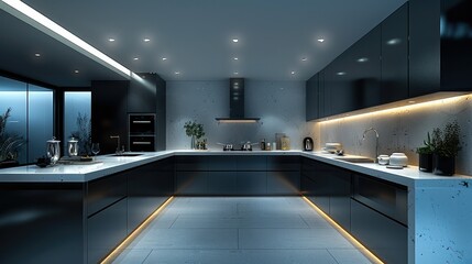A modern kitchen neatly illuminated by recessed LED spots, showcasing a sleek and clean design. The lighting highlights the countertops and architectural details. Generative AI.