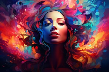 A woman in a colorful vivid dreamy background. an illustration of visual hallucinations. Mental health concept Illustration
