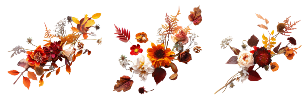 set of arrangements of autumn flowers and fallen leaves, capturing the essence of the season with rich colors and textures, isolated on transparent background