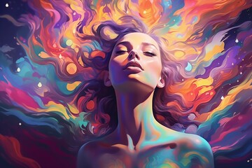 A woman in a colorful vivid dreamy background. an illustration of visual hallucinations. Mental health concept Illustration