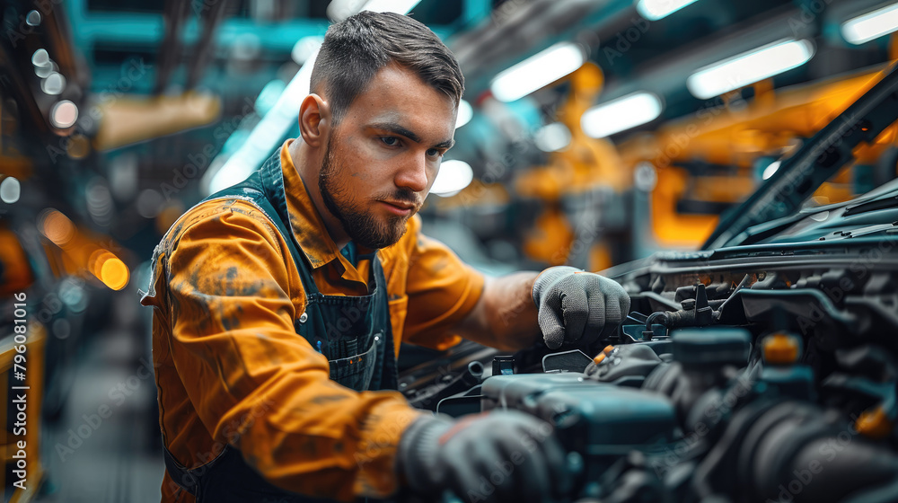 Fototapete the employee of an automotive factory fixes a technical issue. generative ai.