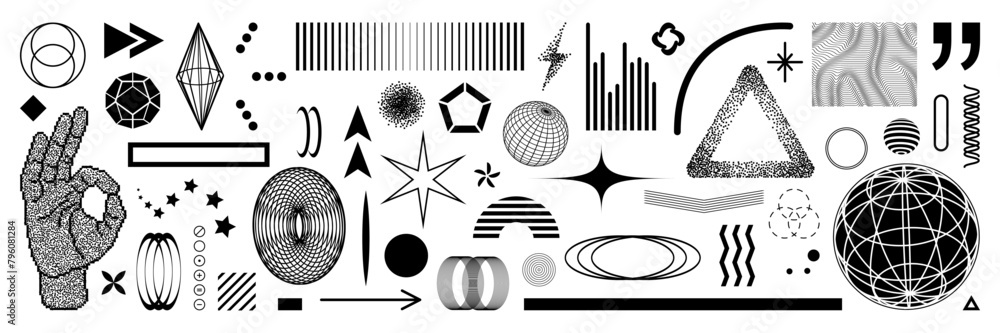 Poster set of retro futuristic shape with a bitmap elements. vector modern shapes in y2k aesthetic. isolate