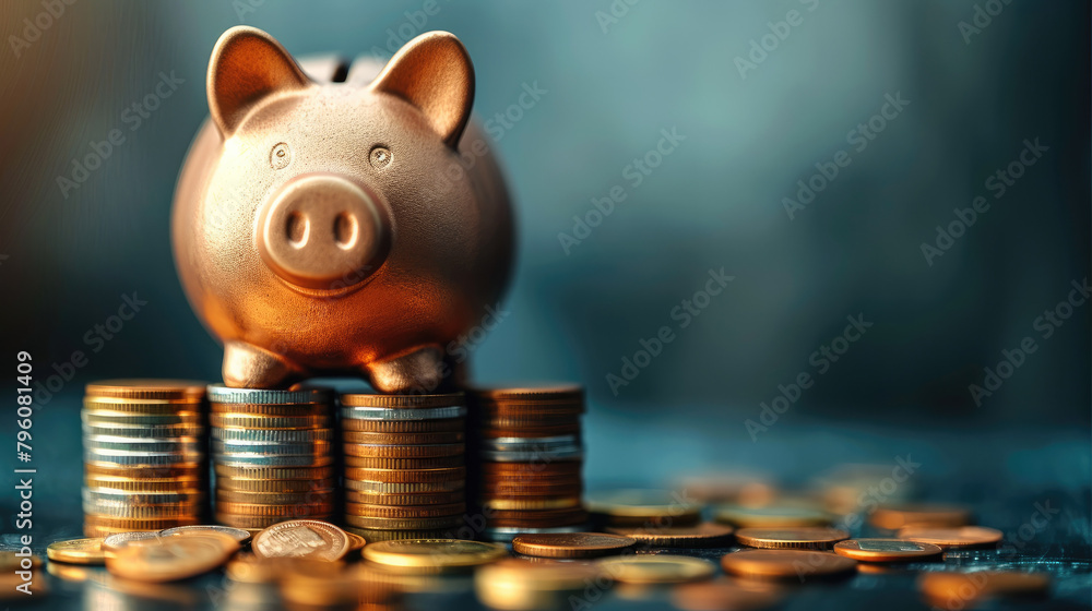 Poster a piggy bank placed atop a stack of coins against a dark blue background. generative ai.