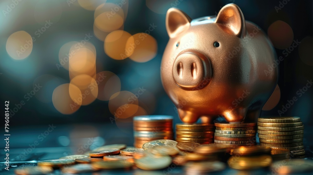 Poster a piggy bank placed atop a stack of coins against a dark blue background. generative ai.