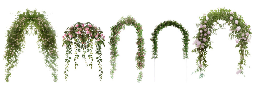 set of floral arches, each adorned with cascading blossoms and verdant leaves, isolated on transparent background