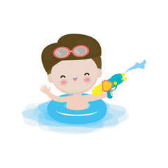 Kid wearing float rings, Cute Kids cartoon Pool party characters, child spending holidays in seaside or swimming pool on white background Vector illustration