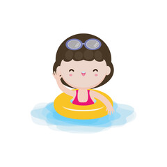 Kid wearing float rings, Cute Kids cartoon Pool party characters, child spending holidays in seaside or swimming pool on white background Vector illustration