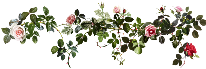 set of vignettes of roses and ivy, combining the elegance of rose blooms with the rugged texture of ivy leaves, isolated on transparent background