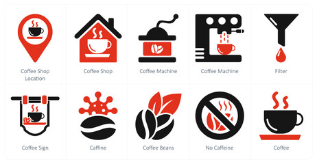 A set of 10 coffee icons as coffee shop location, coffee shop, coffee machine - obrazy, fototapety, plakaty