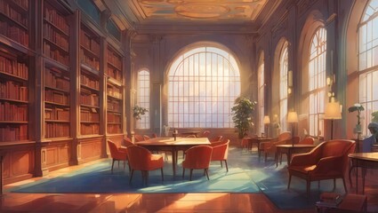 Illustration of a Library, Inviting Readers into a World of Knowledge and Imagination, Adorned with Rows of Books and Cozy Reading Nooks