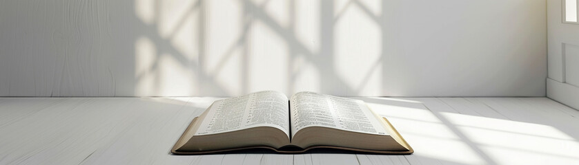Pristine white setting with a classic Holy Bible, simplicity in complex belief, super realistic
