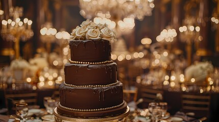 Indulgent chocolate birthday cake topped with luscious buttercream frosting and sprinkled with edible pearls, positioned amidst the opulent decor of a grand wedding ballroom - obrazy, fototapety, plakaty