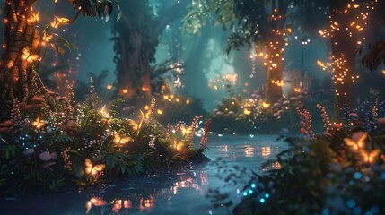 Naklejka premium Magical fantasy forest comes to life with glowing plants background