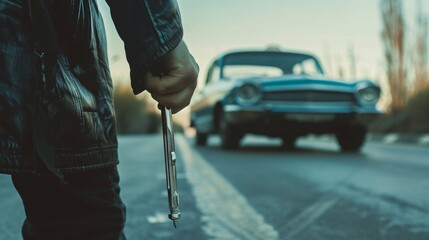 Man dressed in black wearing mask hold screwdriver, looking through car window and wondering how to break into the car. Car thief, car theft concept