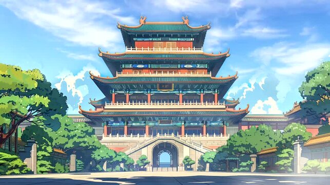 Historic building of Chinese Palace. Ancient concept, anime illustration style, looping 4k video animation background