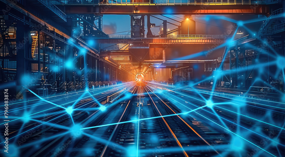 Poster a steel mill with a lot of hot steel, blue lines like a web with imitation of it infrastructure ever
