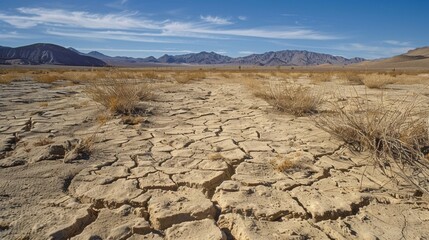 A dry field dominates the foreground, with rugged mountains towering in the background under a clear sky. The field appears barren, with sparse vegetation and cracked earth, contrasting with the - Powered by Adobe