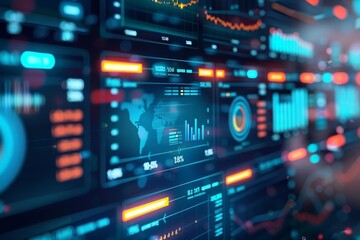 Fototapeta premium A digital dashboard displays realtime business analytics, glowing with graphs and metrics that drive strategic decisions, background concept