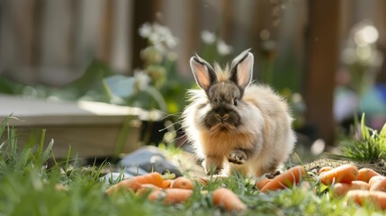 Obraz premium A fluffy bunny in the backyard hops enthusiastically towards a pile of fresh carrots, its nose quivering with excitement