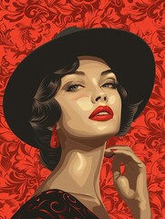A classic beauty in a wide-brimmed hat, with an alluring gaze, set against a vibrant red vintage floral background.