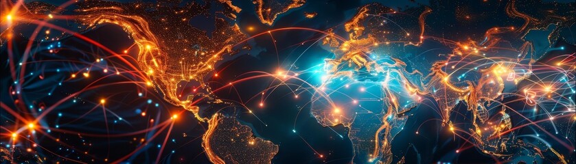 A macro closeup of a digital map displays international trade routes pulsing with light, illustrating the dynamic flow of goods and capital across continents
