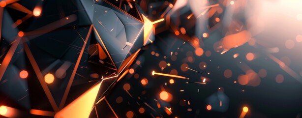 Abstract dark background with low poly shapes and copper lines