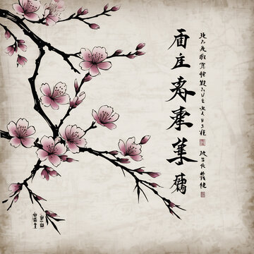 Fantasy illustration. Sakura branch. Square illustration for interior. Background. Wallpaper for computer, tablet. Illustration in grash style.