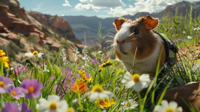 A guinea pig in a tiny custom harness explores a famous national park, sniffing the flowers and nibbling on fresh green grass along the trails