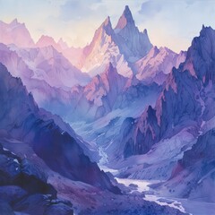 Fototapeta premium A mountain vista at dusk, the peaks casting long shadows over the valley below, bathed in a wash of purples and blues, kawaii, bright water color