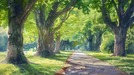 Fototapeta premium A peaceful park path winds beneath old, towering trees, their leaves painting dappled shadows on the ground, kawaii, bright water color
