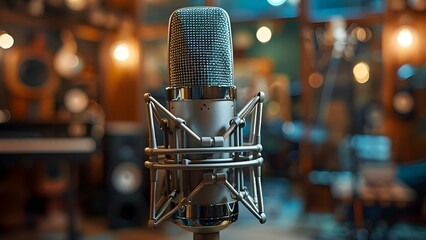 State-of-the-art microphone in a contemporary recording studio for superior audio recording. Concept Music Production, Technological Innovation, Recording Equipment, Studio Setting, Audio Excellence
