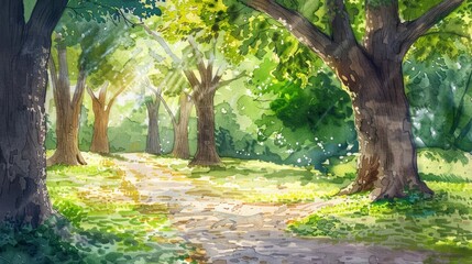 Fototapeta premium A peaceful park path winds beneath old, towering trees, their leaves painting dappled shadows on the ground, kawaii, bright water color