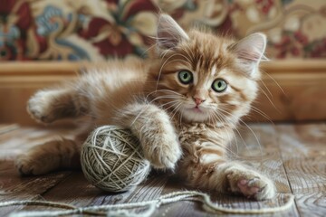A playful kitten with mischievous green eyes chases a rolling ball of yarn across the room, tumbling over its own tiny paws