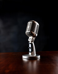 A vintage microphone stands on a wooden surface, highlighted against a dark, moody background