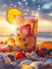 Close-up of a fizzy fruit cocktail with vibrant berries and a lemon slice on a sandy beach at sunset. - obrazy, fototapety, plakaty