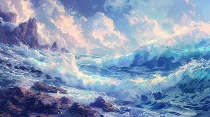 A rocky coastline battered by waves, the tumultuous water clashing against stone in a flurry of foam and spray, kawaii, bright water color