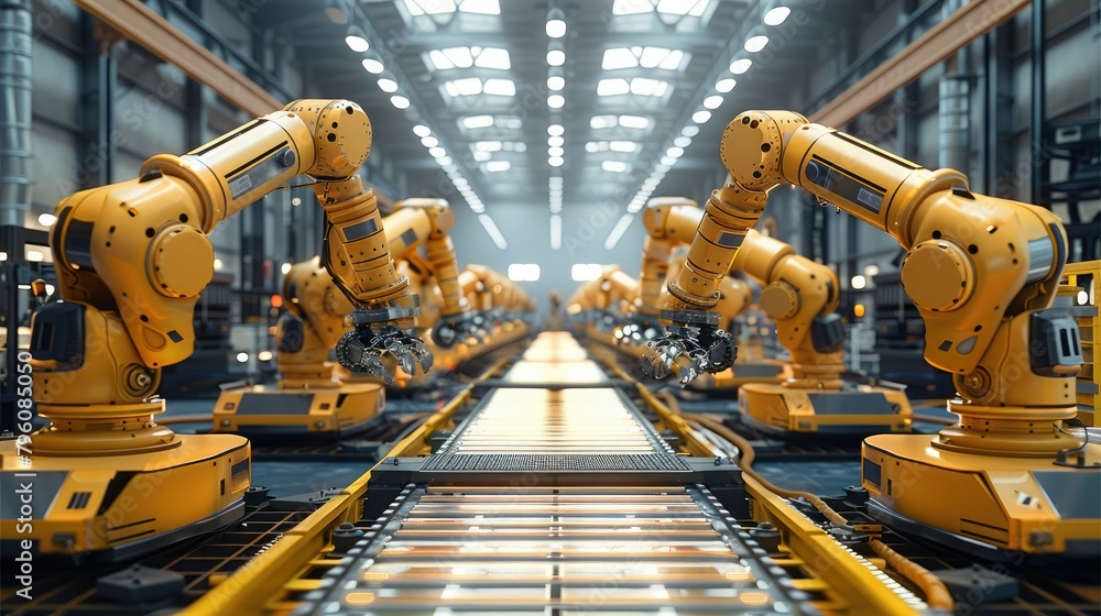 Poster A factory with an assembly line fully robotic with two lines of big robotic arms made of yellow metal, assembling a wood house. Generative AI.