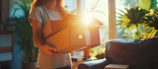 a  woman unboxing cardboard parcel online shoping concept